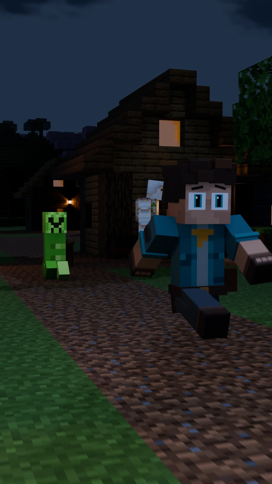 Le joueur fuit un creeper dans le village de nuit, tandis que le golem reste en retrait